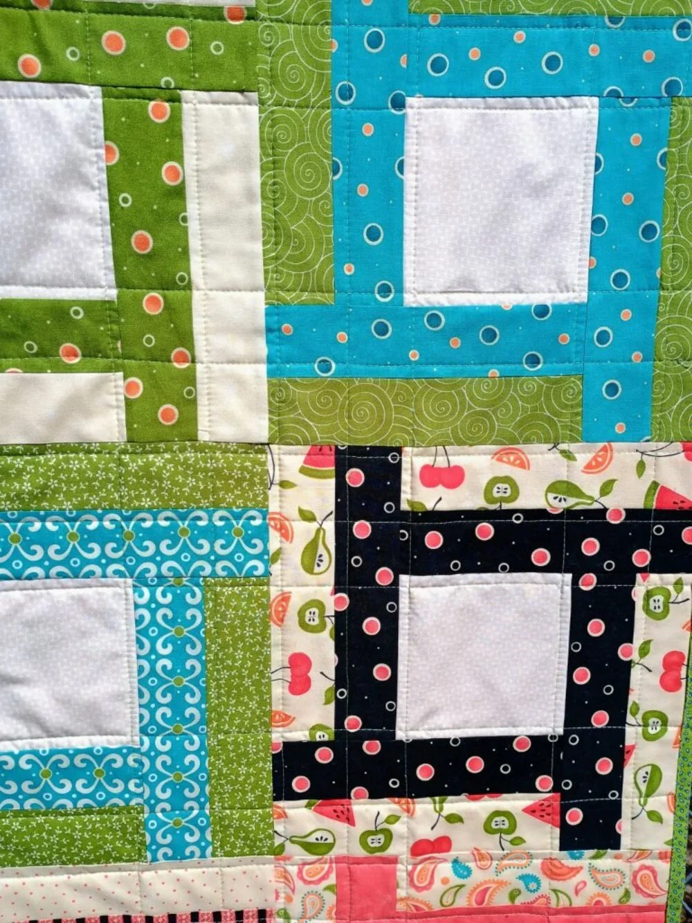 MODERN COLORFUL LAP QUILT, BLACK, TURQUOISE, CORAL, AQUA, GREEN